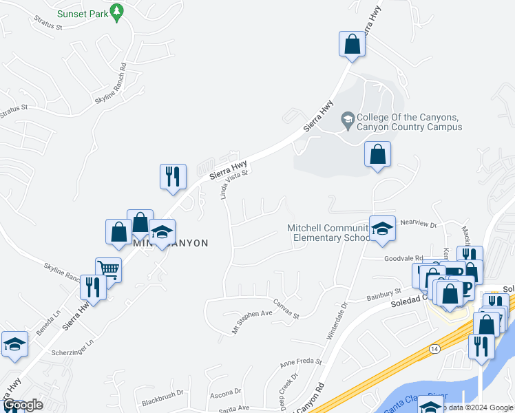 map of restaurants, bars, coffee shops, grocery stores, and more near 28629 Crown Heights Court in Santa Clarita