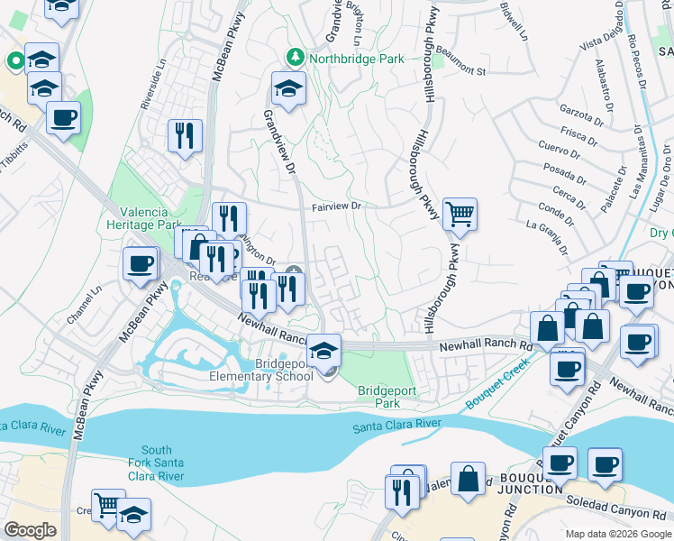 map of restaurants, bars, coffee shops, grocery stores, and more near 27134 Saddlepeak Trail in Santa Clarita