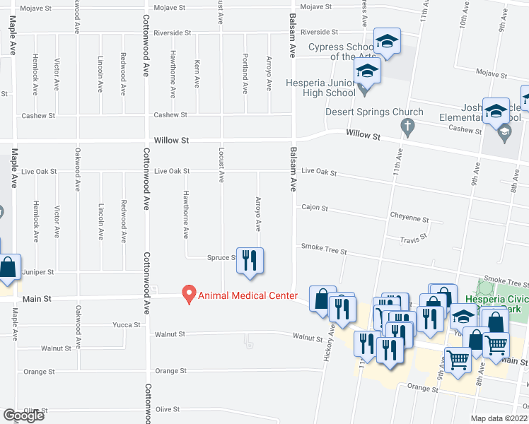 map of restaurants, bars, coffee shops, grocery stores, and more near 9943 Arroyo Avenue in Hesperia