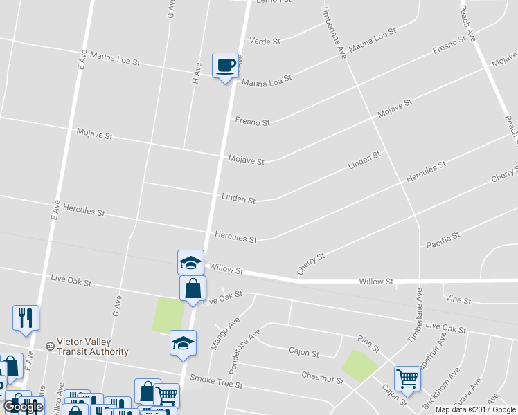 map of restaurants, bars, coffee shops, grocery stores, and more near 17671 Linden Street in Hesperia