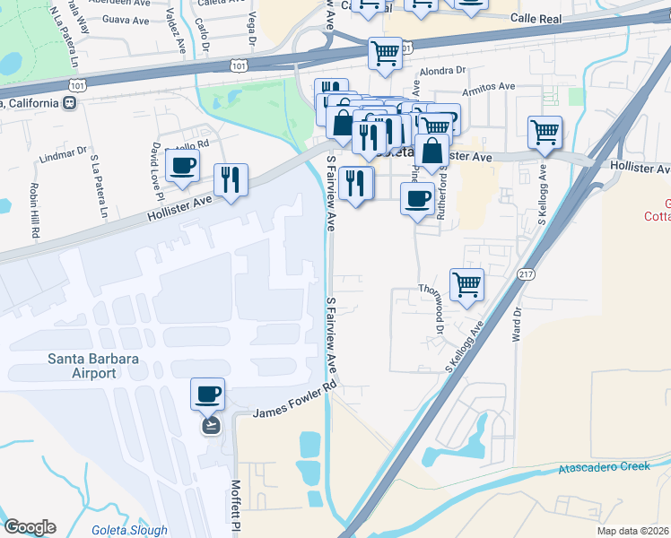 map of restaurants, bars, coffee shops, grocery stores, and more near 630 South Fairview Avenue in Goleta