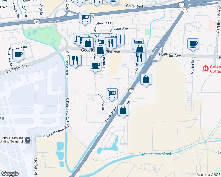 map of restaurants, bars, coffee shops, grocery stores, and more near 570 Bolinas Way in Goleta