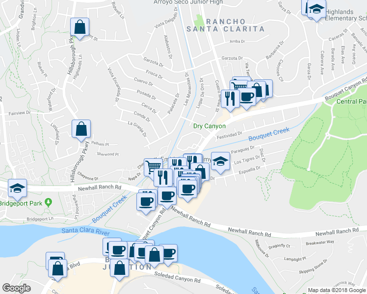 map of restaurants, bars, coffee shops, grocery stores, and more near 26503 Big Horn Way in Santa Clarita