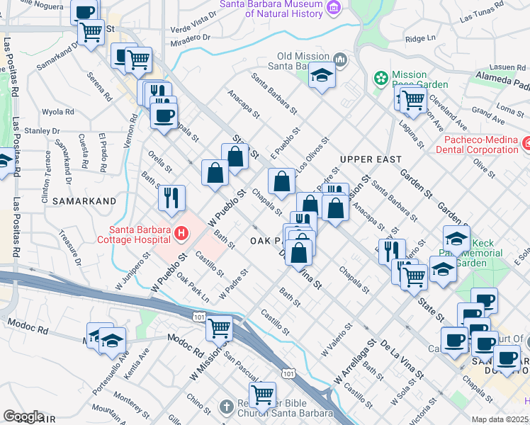 map of restaurants, bars, coffee shops, grocery stores, and more near 2117 Chapala Street in Santa Barbara