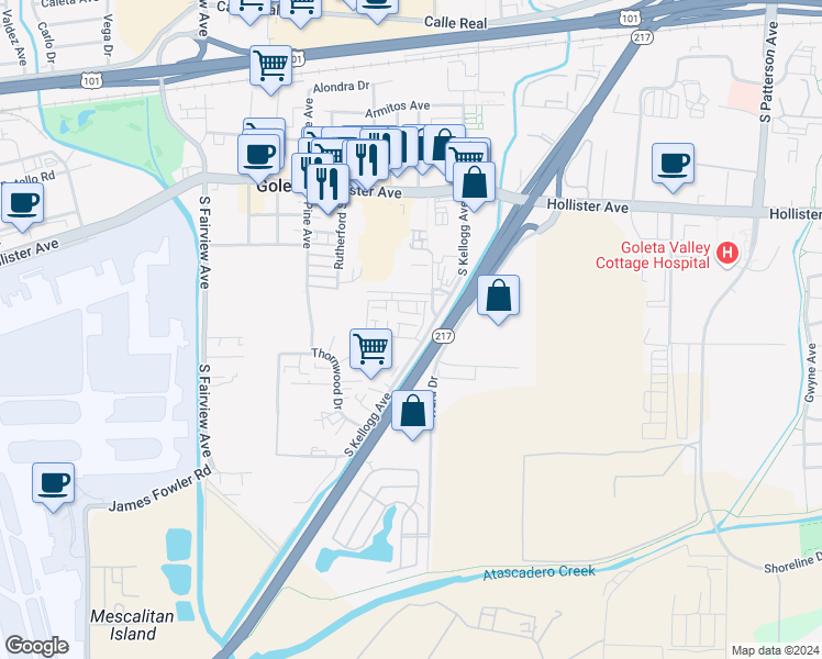 map of restaurants, bars, coffee shops, grocery stores, and more near 75 Townend Place in Goleta
