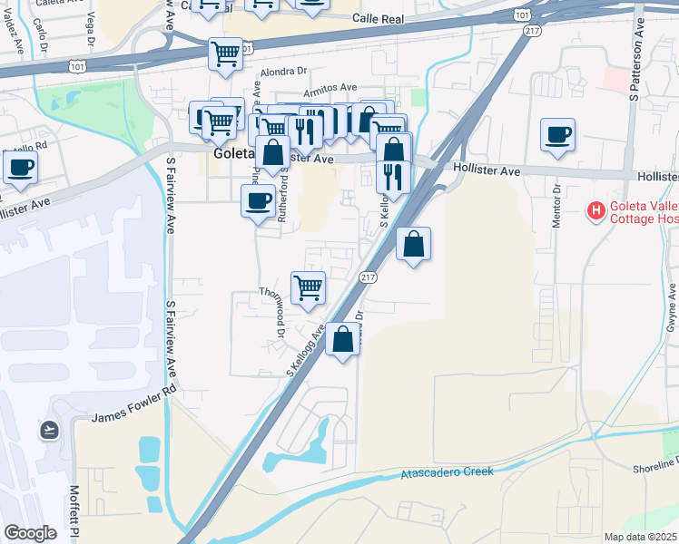 map of restaurants, bars, coffee shops, grocery stores, and more near 75 Townend Place in Goleta