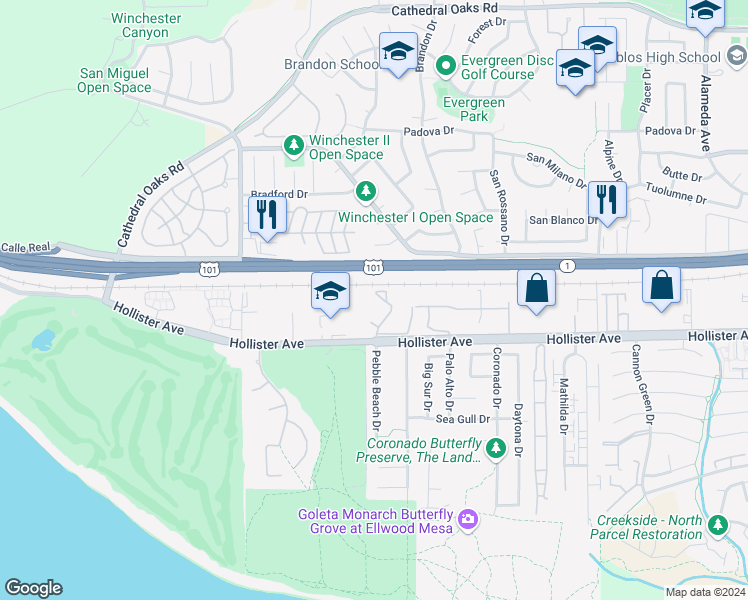 map of restaurants, bars, coffee shops, grocery stores, and more near 7634 Hollister Avenue in Goleta