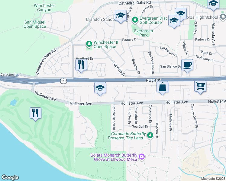 map of restaurants, bars, coffee shops, grocery stores, and more near 7634 Hollister Avenue in Goleta