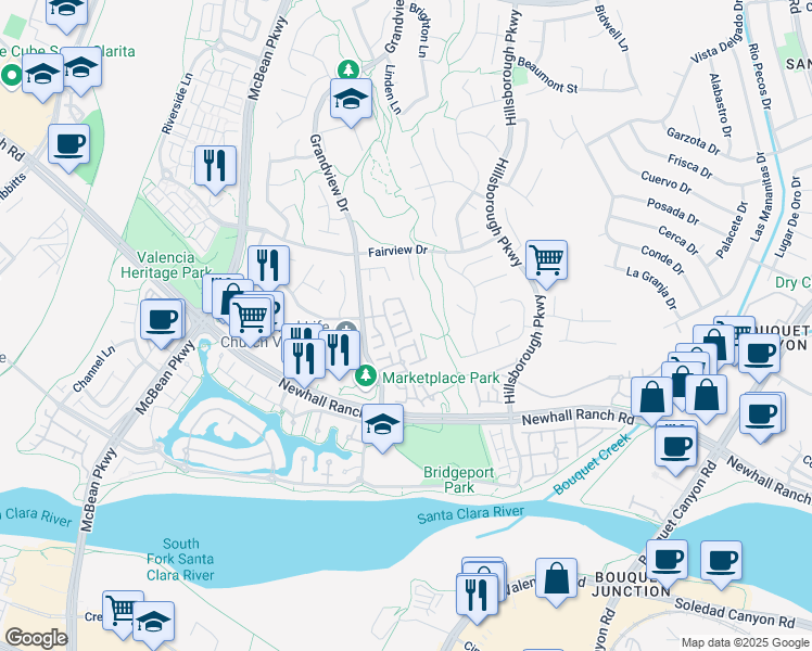 map of restaurants, bars, coffee shops, grocery stores, and more near 27131 Manor Circle in Santa Clarita