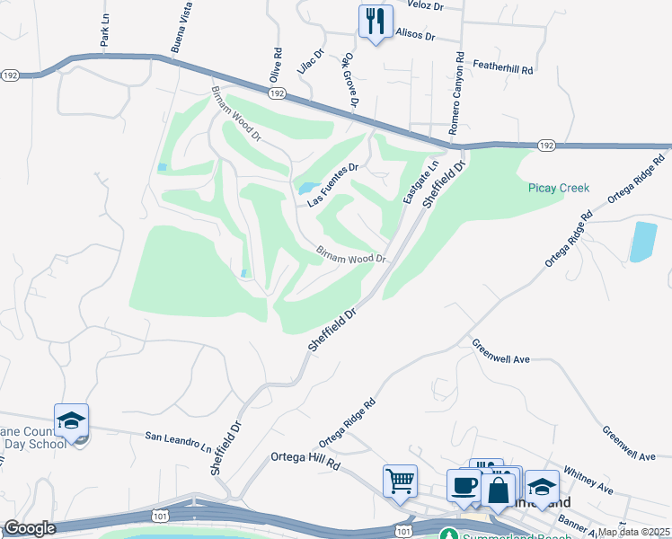 map of restaurants, bars, coffee shops, grocery stores, and more near 2143 Forge Road in Montecito