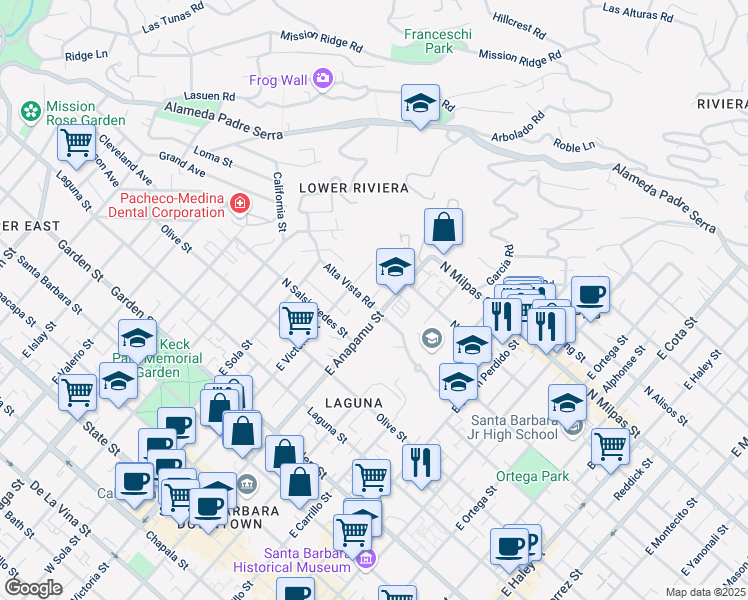 map of restaurants, bars, coffee shops, grocery stores, and more near 1212 Alta Vista Road in Santa Barbara