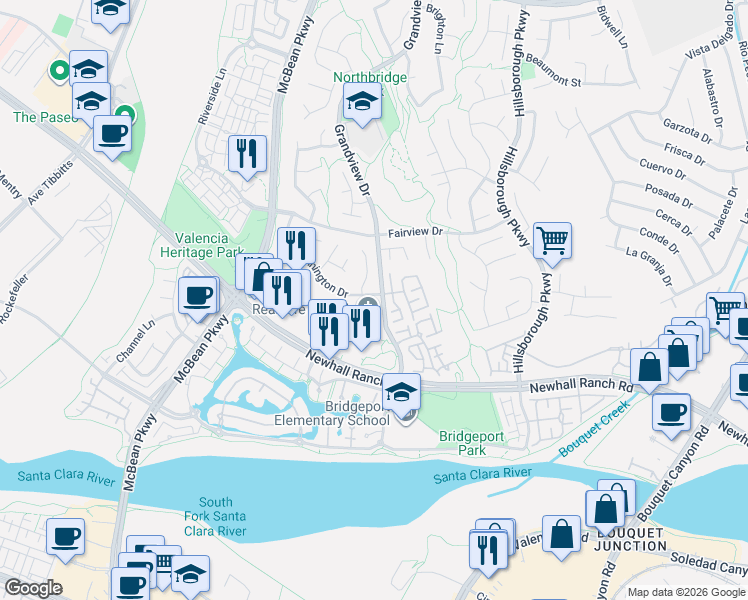 map of restaurants, bars, coffee shops, grocery stores, and more near 27116 Westview Lane in Santa Clarita