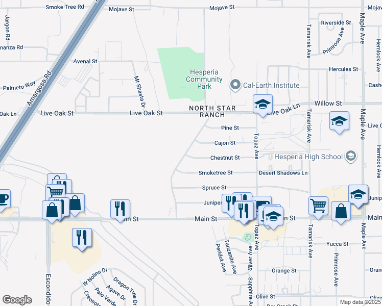 map of restaurants, bars, coffee shops, grocery stores, and more near 13840 Chestnut Street in Hesperia