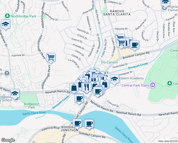 map of restaurants, bars, coffee shops, grocery stores, and more near 23632 Big Horn Way in Santa Clarita