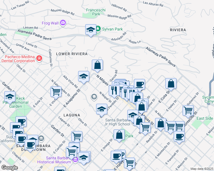 map of restaurants, bars, coffee shops, grocery stores, and more near 1015 North Milpas Street in Santa Barbara