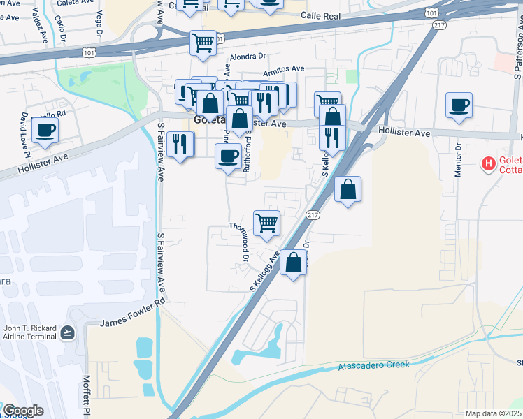 map of restaurants, bars, coffee shops, grocery stores, and more near 570 Bolinas Way in Goleta
