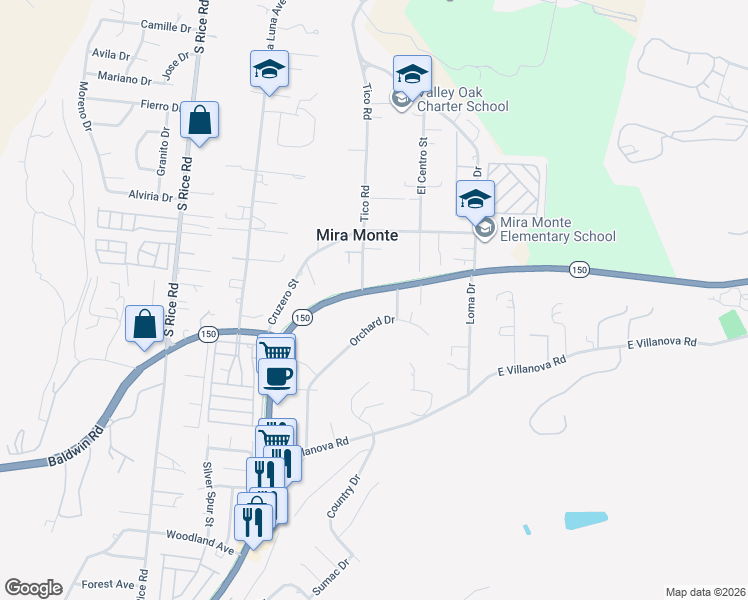map of restaurants, bars, coffee shops, grocery stores, and more near 1443 Orchard Drive in Ojai