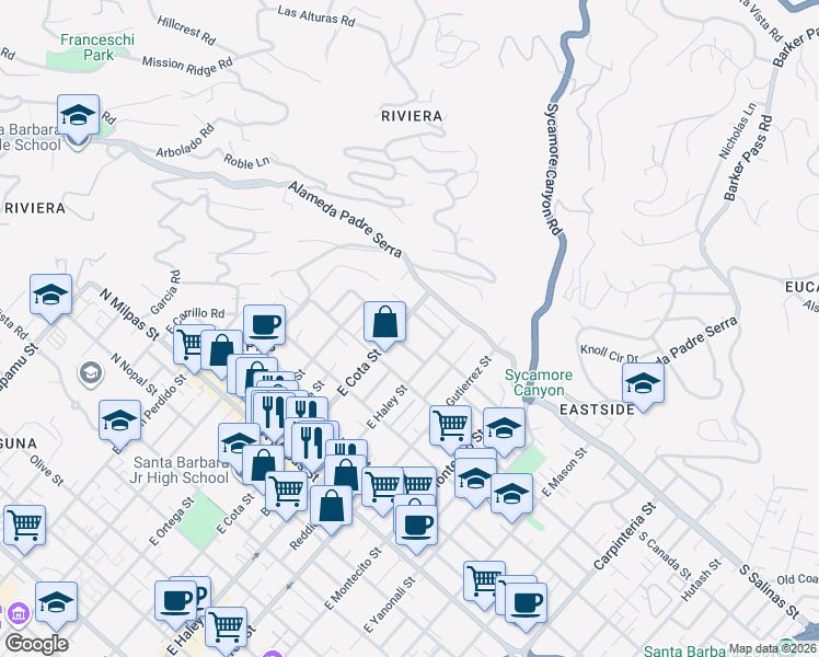 map of restaurants, bars, coffee shops, grocery stores, and more near 528 Casitas Road in Santa Barbara