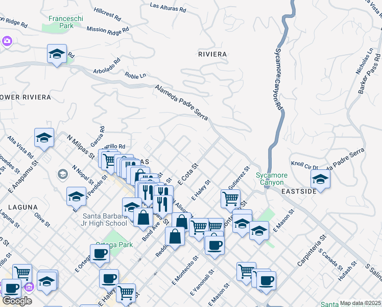 map of restaurants, bars, coffee shops, grocery stores, and more near 1211 East Cota Street in Santa Barbara