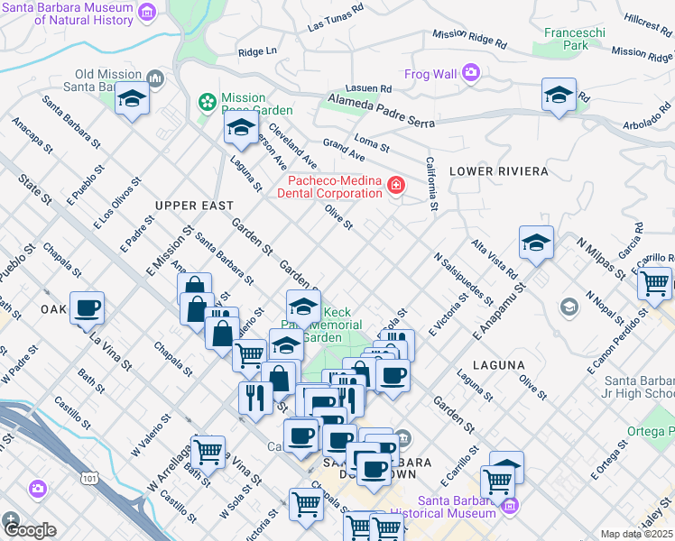 map of restaurants, bars, coffee shops, grocery stores, and more near 1600 Garden Street in Santa Barbara