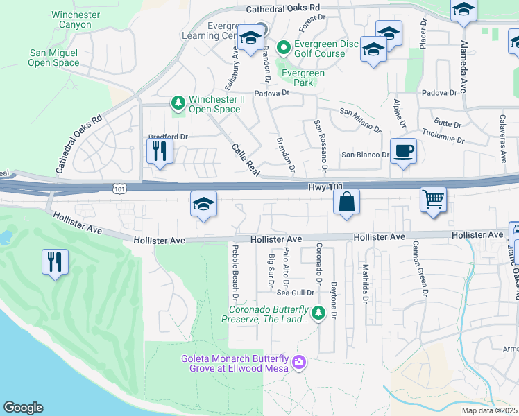 map of restaurants, bars, coffee shops, grocery stores, and more near 7626 Hollister Avenue in Goleta