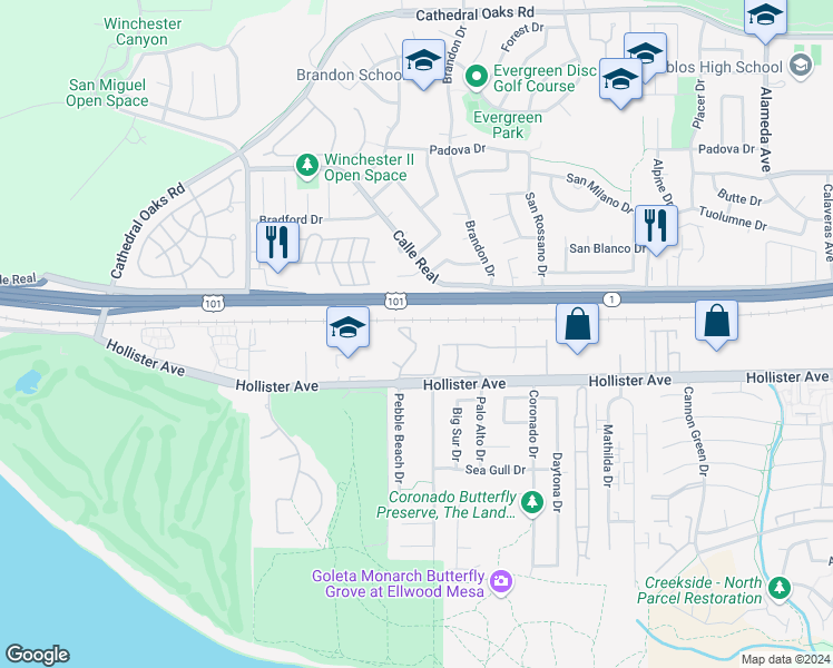 map of restaurants, bars, coffee shops, grocery stores, and more near 7626 Hollister Avenue in Goleta