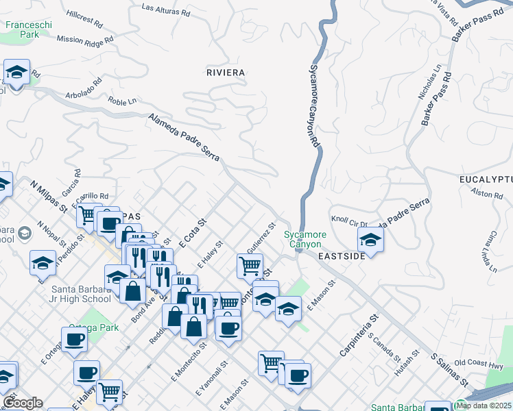 map of restaurants, bars, coffee shops, grocery stores, and more near 433 Alameda Padre Serra in Santa Barbara