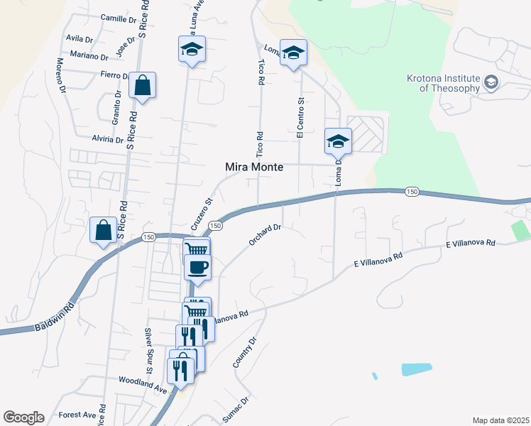 map of restaurants, bars, coffee shops, grocery stores, and more near 11710 North Ventura Avenue in Ojai