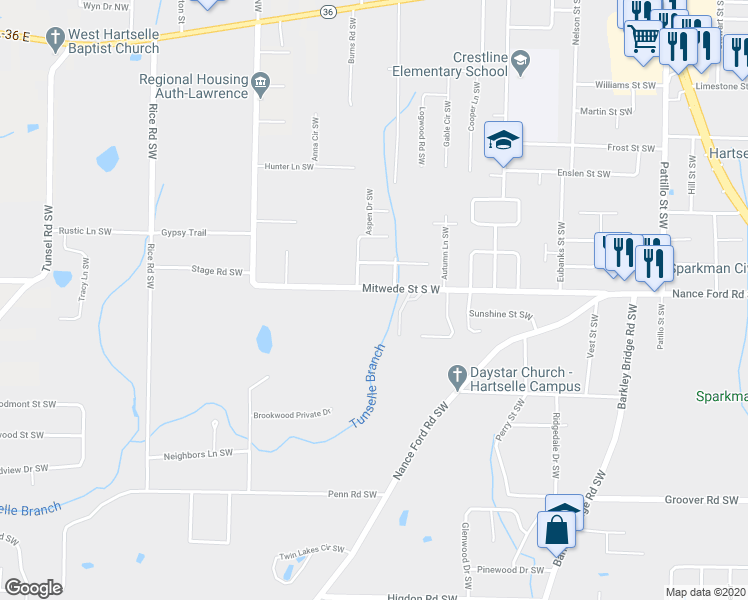 map of restaurants, bars, coffee shops, grocery stores, and more near 1108 Mitwede Street South West in Hartselle