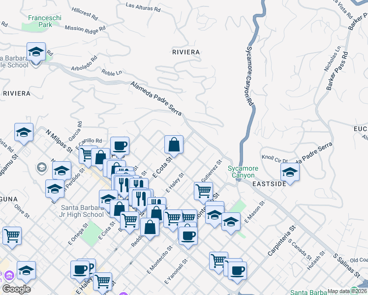 map of restaurants, bars, coffee shops, grocery stores, and more near 528 Casitas Road in Santa Barbara