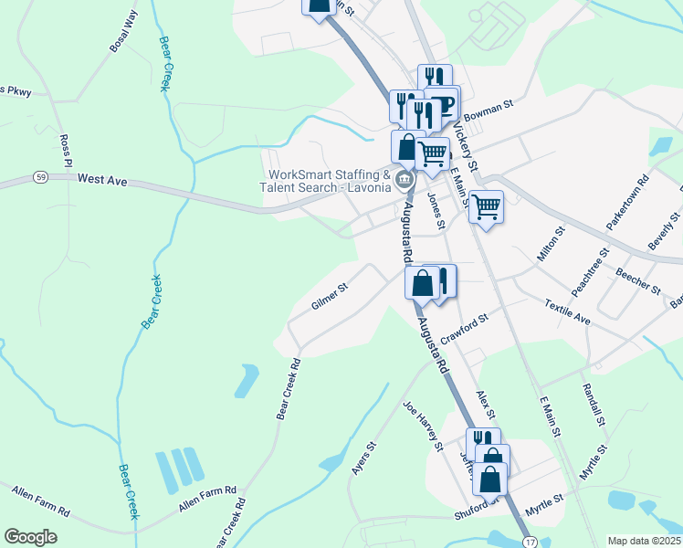 map of restaurants, bars, coffee shops, grocery stores, and more near 144 Gilmer Street in Lavonia
