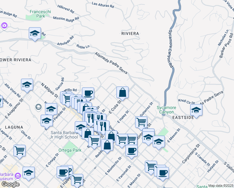 map of restaurants, bars, coffee shops, grocery stores, and more near 1211 East Cota Street in Santa Barbara