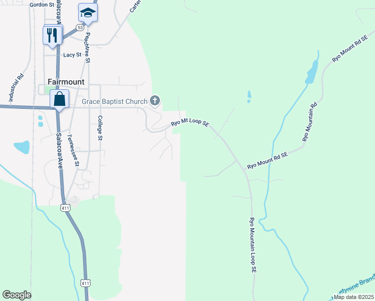map of restaurants, bars, coffee shops, grocery stores, and more near 595 Ryo Mountain Loop Southeast in Fairmount