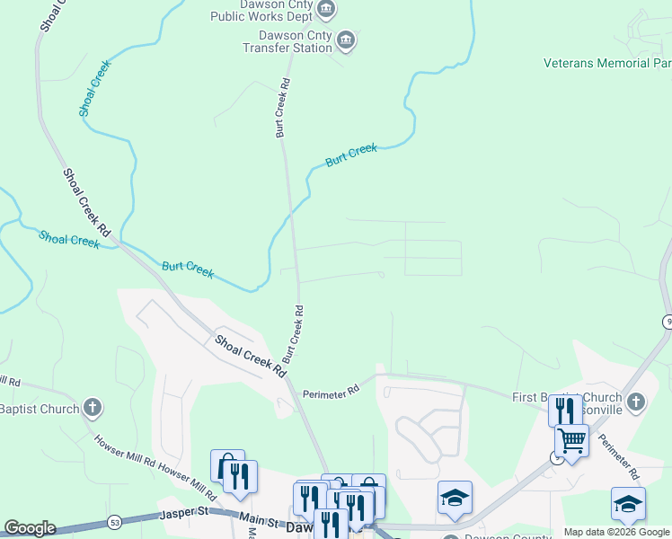 map of restaurants, bars, coffee shops, grocery stores, and more near 101 Elliott Court in Dawsonville