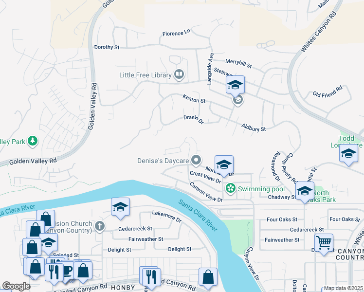 map of restaurants, bars, coffee shops, grocery stores, and more near 20161 Canyon View Drive in Santa Clarita