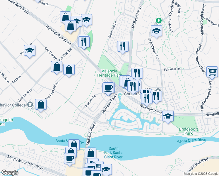 map of restaurants, bars, coffee shops, grocery stores, and more near 24120 Newhall Ranch Road in Santa Clarita