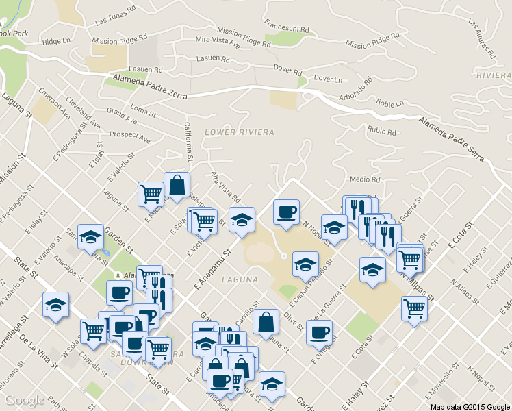 map of restaurants, bars, coffee shops, grocery stores, and more near 1201 Alta Vista Road in Santa Barbara