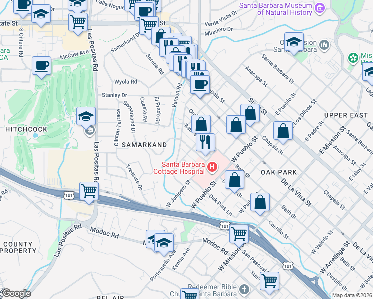 map of restaurants, bars, coffee shops, grocery stores, and more near 2431 Castillo Street in Santa Barbara