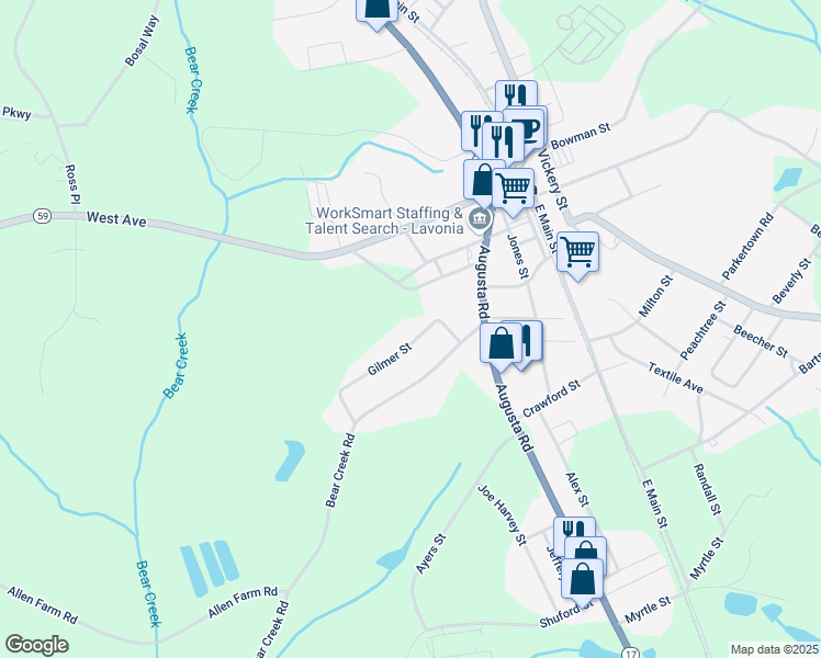map of restaurants, bars, coffee shops, grocery stores, and more near 144 Gilmer Street in Lavonia