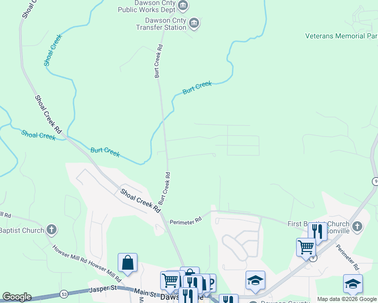 map of restaurants, bars, coffee shops, grocery stores, and more near 101 Elliott Court in Dawsonville