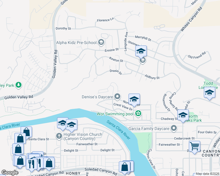 map of restaurants, bars, coffee shops, grocery stores, and more near 20134 Canyon View Drive in Santa Clarita