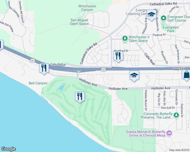 map of restaurants, bars, coffee shops, grocery stores, and more near 7900 Hollister Avenue in Goleta
