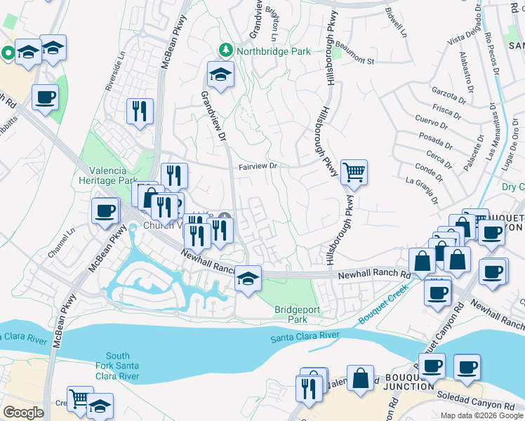 map of restaurants, bars, coffee shops, grocery stores, and more near 27162 Manor Circle in Santa Clarita