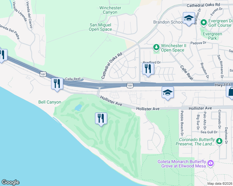 map of restaurants, bars, coffee shops, grocery stores, and more near 7900 Hollister Avenue in Goleta