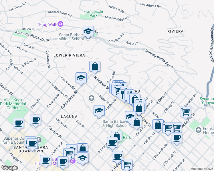 map of restaurants, bars, coffee shops, grocery stores, and more near 1016 North Milpas Street in Santa Barbara