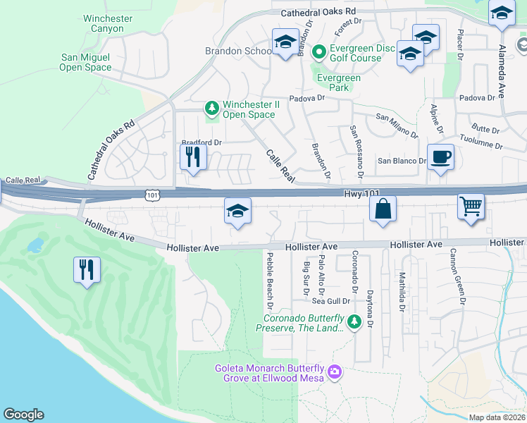 map of restaurants, bars, coffee shops, grocery stores, and more near 7634 Hollister Avenue in Goleta
