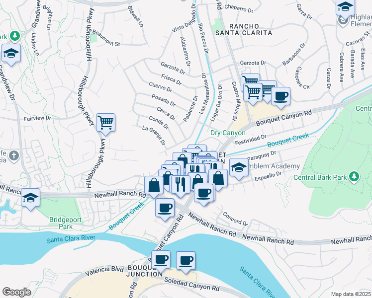 map of restaurants, bars, coffee shops, grocery stores, and more near 22913 Cheyenne Drive in Santa Clarita