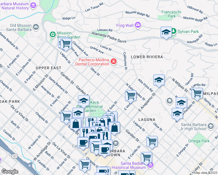 map of restaurants, bars, coffee shops, grocery stores, and more near 427 East Micheltorena Street in Santa Barbara
