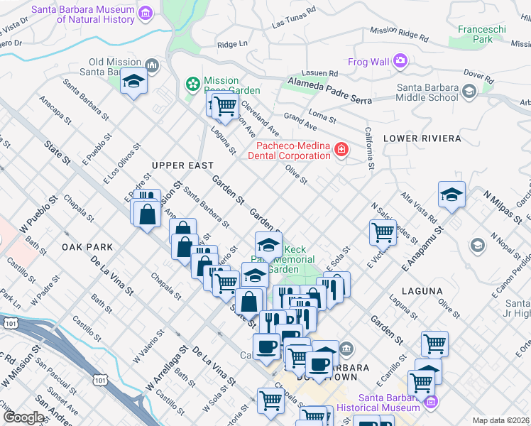 map of restaurants, bars, coffee shops, grocery stores, and more near East Valerio Street in Santa Barbara