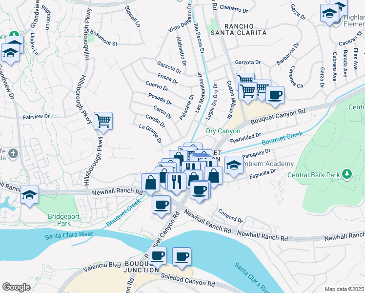 map of restaurants, bars, coffee shops, grocery stores, and more near 26514 Big Horn Way in Santa Clarita